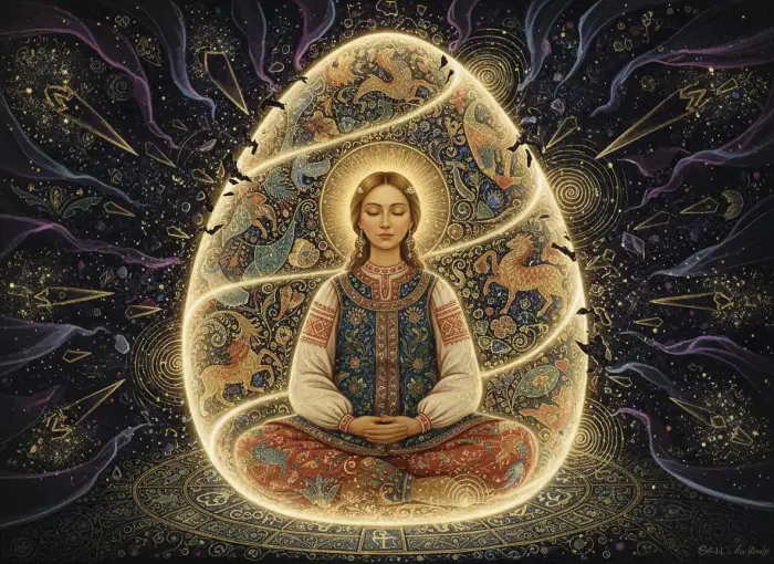 Tissu Shipibo Kené symbolisant le tissage complexe d'un bouclier énergétique arkana.