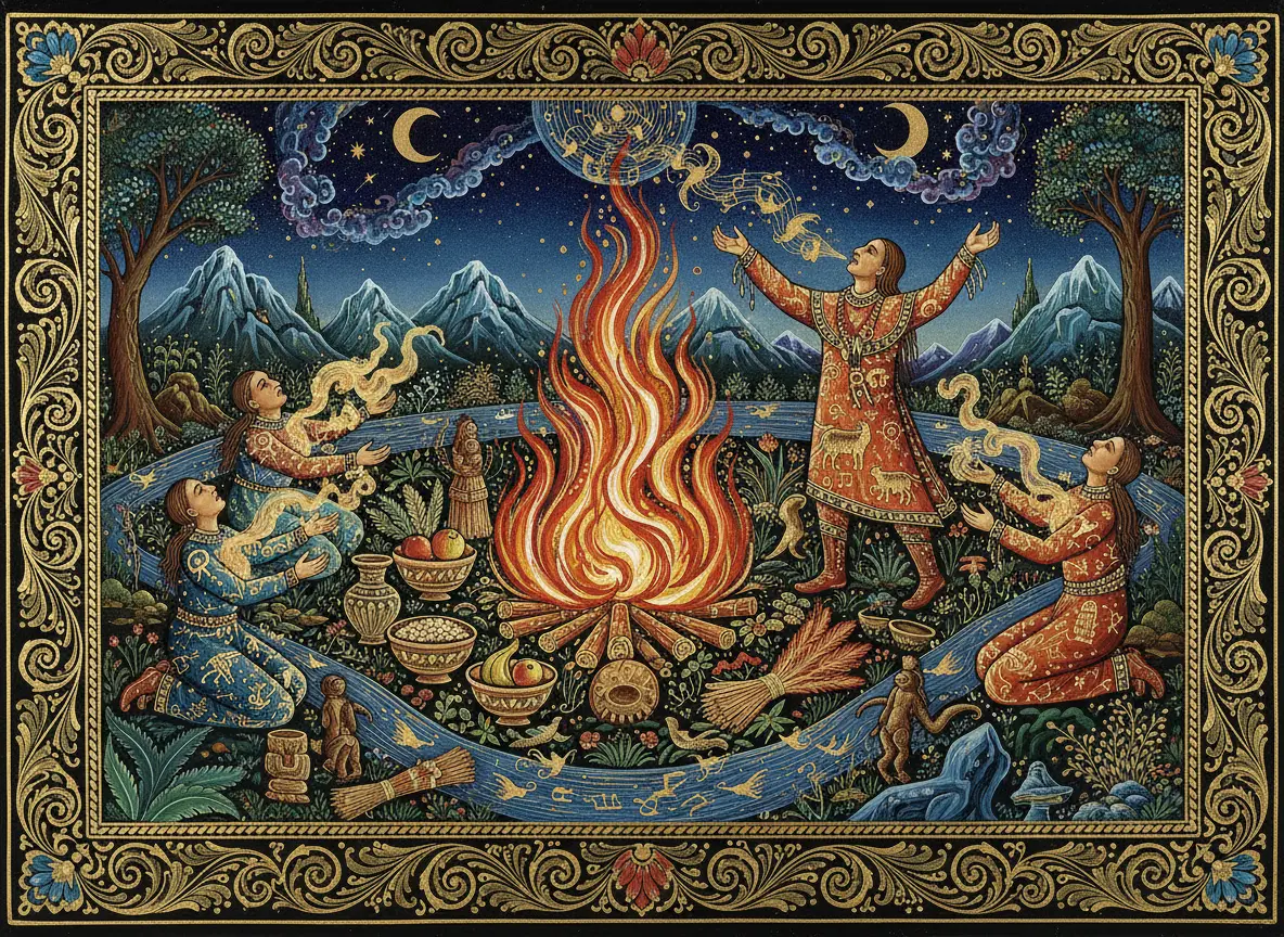 Feu sacré d'une cérémonie chamanique, symbole de la résilience de la tradition Shipibo