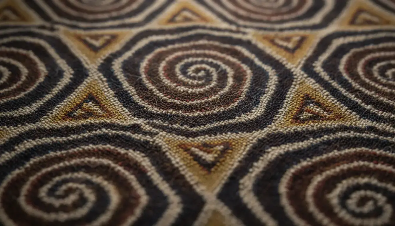 Gros plan sur les motifs sacrés Kené d'un tissu traditionnel Shipibo