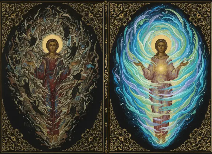 Illustration d'une silhouette énergétique avant et après une extraction chamanique, montrant l'épuration des énergies denses.