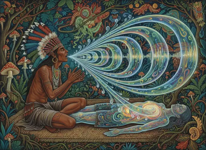 Un chaman amazonien en cérémonie, concentré sur le chant des icaros pour la libération.