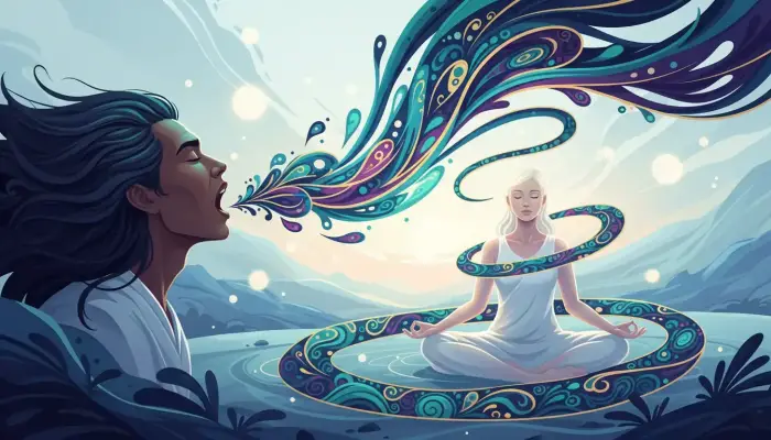 Illustration de la libération par les icaros, avec des ondes sonores colorées symbolisant la médecine du son Shipibo.