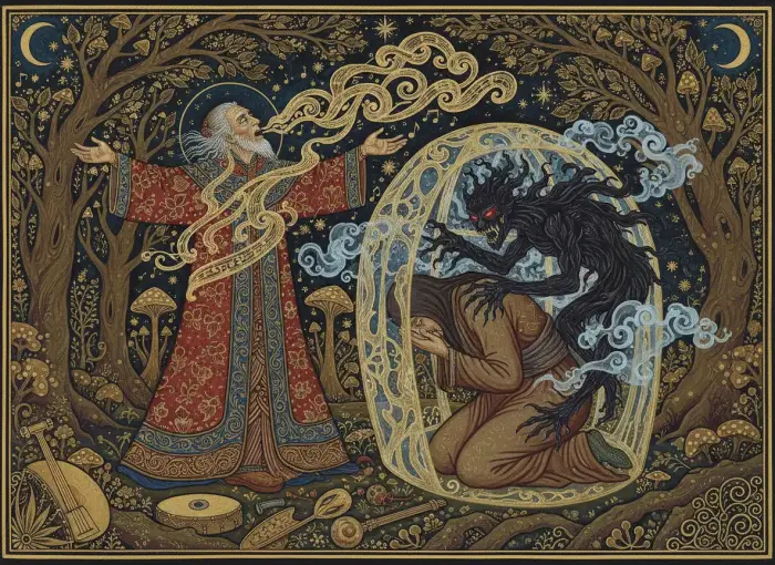 Illustration d'une extraction chamanique d'énergies lourdes d'un lieu.