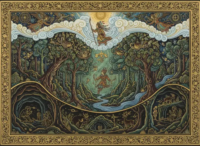 Illustration d'une guidance chamanique avec une main lumineuse indiquant un chemin.